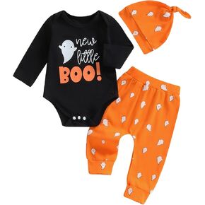 Newborn Baby Boy Halloween Outfit Ghost Pumpkin Long Sleeve Romper with Pants Hat Coming Home Clothes
