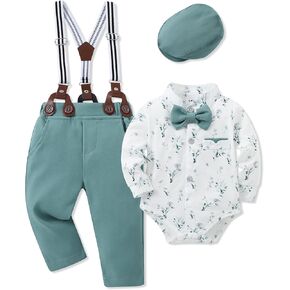 Baby Boy Clothes Suits 0-24M Infant Gentleman Outfits Long Sleeve Dress+Suspender Pants+Bowtie+Beret Hat Wedding Set