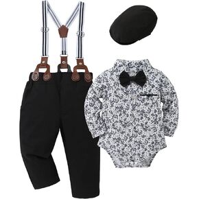 Baby Boy Clothes Suits 0-24M Infant Gentleman Outfits Long Sleeve Dress+Suspender Pants+Bowtie+Beret Hat Wedding Set