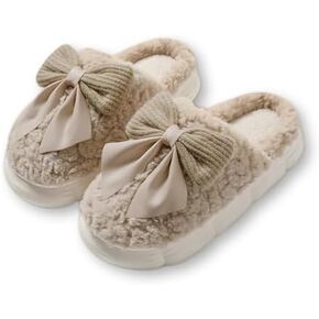 Women Bow Slipper for Fall Winter Thick Sole Indoor Cute Fuzzy Footwear