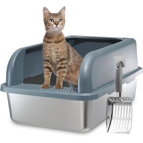 Enclosed Stainless Steel Cat Litter Box with Lid, XXL Extra Large Metal Litter Box for Big Cats, High Sides Cat Litter Box with Anti-Urine Leakage, Non-Sticky, Easy Clean, Include Litter Scoop