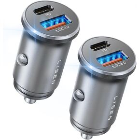 LISEN 48W USB C Car Charger Adapter [2 Pack] [Mini & Metal] Cigarette Lighter USB Charger Fast Charging [PD QC 3.0] USBC Car Phone Charger for iPhone 15 Pro Max Plus 14 Samsung Galaxy iPad Silver