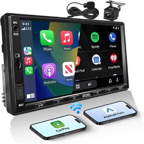 ستيريو سيارة مزدوج الدين مع كاميرا احتياطية، شاشة لمس CarPlay لاسلكية مقاس 7 بوصة، أجهزة استقبال فيديو داخل لوحة القيادة، نظام تشغيل أندرويد لاسلكي، راديو تشغيل السيارة بلوتوث 5.3، FM/AM/USB/AUX، MirrorLink