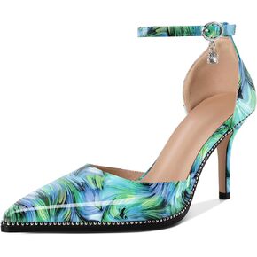 Soireelady Womens High Heels Beaded Pumps Stiletto Ankle Strap Pointed Toe D'Orsay Heel Dress Shoes Patent Leather 3.5 Inch