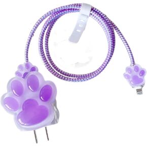 Cable Protector for Cute iPhone Charger Cover,3D Kawaii Animal Charger Cord Protector for Women Girl,Charger Accessories Phone Cord Protector for iPhone 8 11 12 13 14 15 Plus Pro Max-Purple Cat Claw