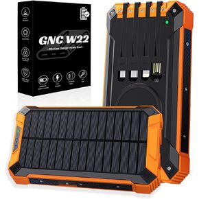GNC W22 Power Bank Wireless Charger, Built-in Cable and 5 Outputs with 15W Fast Charging, SOS/Flashlight/Compass for Outdoor Activities