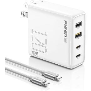 شاحن USB C بقوة 120 وات - شاحن PPS 4 منافذ GaN USB C للشحن السريع مع كابل USB-C إلى C بطول 6 أقدام لأجهزة MacBook Pro/Air وPixelbook وiPad Pro وiPhone Series وGalaxy S23/ Note20 وPixel 8 وSteam Deck