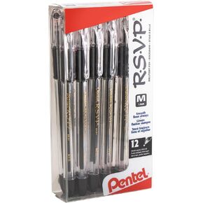 Pentel(R R.S.V.P.(R) Ballpoint Pens, 1.0 mm, Medium Point, Clear Barrel, Black Ink, Pack Of 12, BK91-A
