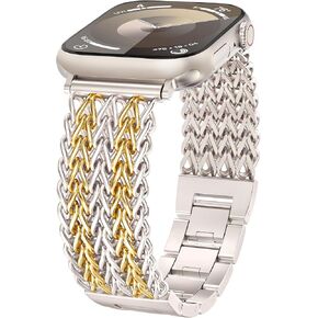 Minyee Compatible with Apple Watch Band 41/40/38/44/45/49/42mm Women, Dressy Stainless Steel Metal Gold Chain Strap Mermaid Designer Link Bracelet Wristband for iWatch Ultra SE Series 9 8 7 6 5 4 3 2