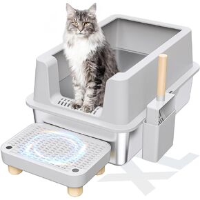 Stainless Steel Cat Litter Box - Enclosed Litter Box with Lid XL Extra Large Metal Litter Box for Big Cats, High Sided Kitty Litter Box Anti-Leakage, Easy Cleaning, Non-Sticky, Included Spoon & Aisle