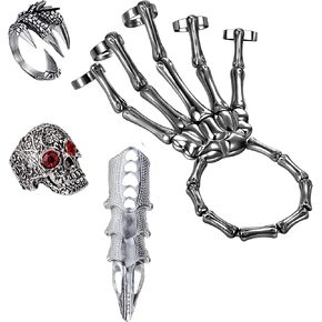 Skull Skeleton Hand Bracelet with Ring Halloween Skull Fingers Hand Bangle Bracelet Hallowmas Gifts Jewelry