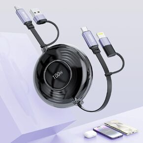 Retractable 100W Multi 4-in-1 Travel Universal Charger Cable USB A/Type C to Lightning+USB C iPhone Charging Cable,4FT Fast Charger Cord Combo for iPhone 15 14 13 12/Samsung/iPad Pro/Huawei-Black