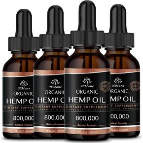 Hemp Oil - 4 Packs 800,000 Maximum Strength - Pure & CO2 Extract Drops - 100% Natural Organic, Vegan, Non-GMO, Grown in USA
