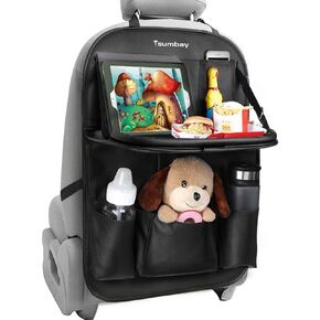 Tsumbay Car Backseat Organizer with Tablet Holder，9 Storage Pockets 600D Oxford Foldable Table Tray Seat Back Protectors Kick Mats Travel Accessories-Black 2Pcs