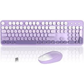 Colorful Wireless Keyboard and Mouse Combo, 2.4GHz Wireless Retro Cute Round Keycaps Keyboard, 104 Keys Full-Sized Keyboard Mouse Set with Switch Button for PC Laptop Desktop (Purple Gradient)