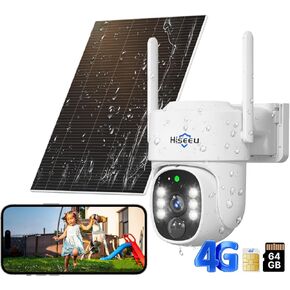 Hiseeu Cellular Security Camera, 4G Security Camera Wireless Outdoor, No WiFi Needed, Solar Powered, PIR Motion Detection, 360° View Pan/Tilt, Color Night Vision, Easy to Setup, 64G SD & SIM Card