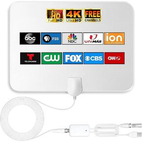 هوائي تلفزيون رقمي عالي الدقة من GREVA 4K، تلفزيون ذكي داخلي طويل المدى 1000 ميل، يدعم 4K 1080p جميع أجهزة التلفزيون على القنوات المحلية VHF UHF، ومكبر صوت معزز للإشارة المجهز وكابل HDTV محوري بطول 18 قدمًا، أبيض