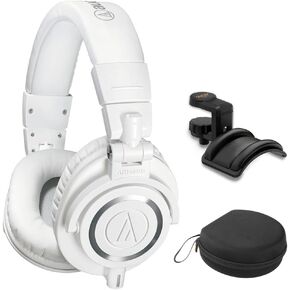 Audio-Technica ATH-M50x Closed-Back Monitor Headphones (White) Bundle with Auray Headphones Holder and Headphones Case