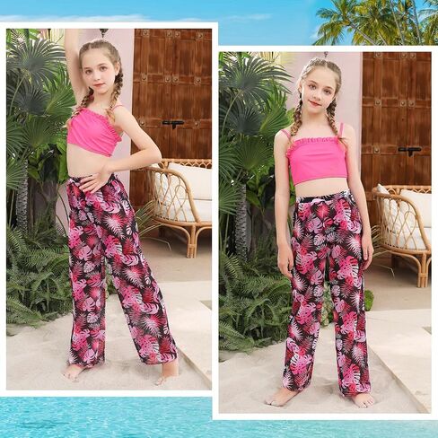Kids Bikini Swimwear for Girls Summer Army Green Hawaiian Beach Bathing Suits 3D Palm Leaf Printed Rash Guard Swimsuits 9 10 Girl's Sun Protection UPF 60+ Swimming Pool Wear in Saudi Arabia
