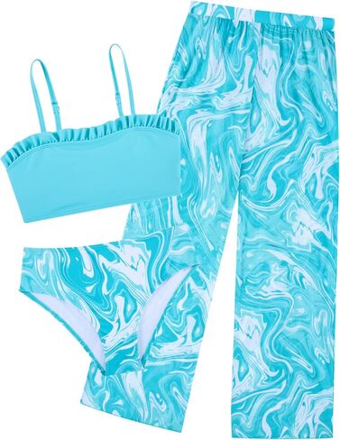 Kids Bikini Swimwear for Girls Summer Army Green Hawaiian Beach Bathing Suits 3D Palm Leaf Printed Rash Guard Swimsuits 9 10 Girl's Sun Protection UPF 60+ Swimming Pool Wear in Saudi Arabia
