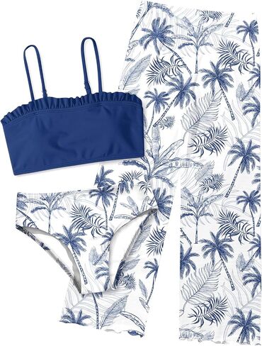 Kids Bikini Swimwear for Girls Summer Army Green Hawaiian Beach Bathing Suits 3D Palm Leaf Printed Rash Guard Swimsuits 9 10 Girl's Sun Protection UPF 60+ Swimming Pool Wear in Saudi Arabia