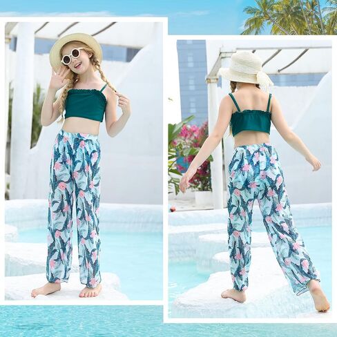 Kids Bikini Swimwear for Girls Summer Army Green Hawaiian Beach Bathing Suits 3D Palm Leaf Printed Rash Guard Swimsuits 9 10 Girl's Sun Protection UPF 60+ Swimming Pool Wear in Saudi Arabia