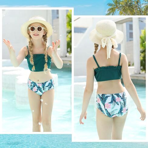 Kids Bikini Swimwear for Girls Summer Army Green Hawaiian Beach Bathing Suits 3D Palm Leaf Printed Rash Guard Swimsuits 9 10 Girl's Sun Protection UPF 60+ Swimming Pool Wear in Saudi Arabia