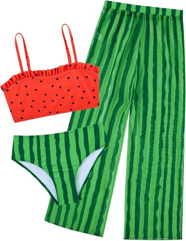 Kids Bikini Swimwear for Girls Summer Army Green Hawaiian Beach Bathing Suits 3D Palm Leaf Printed Rash Guard Swimsuits 9 10 Girl's Sun Protection UPF 60+ Swimming Pool Wear in Saudi Arabia