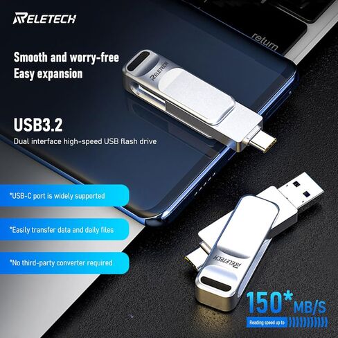 محرك فلاش USB C مزدوج بسرعة تصل إلى 150 ميجابايت/ثانية مع سلسلة مفاتيح - 2 في 1 OTG USB 3.2 GEN 1 Type-C Thumb Memory Stick لهواتف Android USB-C وMacBook وiPad وأجهزة الكمبيوتر (Z20، 32، جيجابايت) in Kuwait