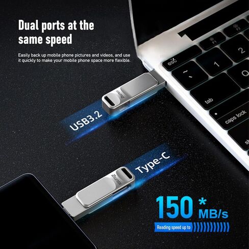 محرك فلاش USB C مزدوج بسرعة تصل إلى 150 ميجابايت/ثانية مع سلسلة مفاتيح - 2 في 1 OTG USB 3.2 GEN 1 Type-C Thumb Memory Stick لهواتف Android USB-C وMacBook وiPad وأجهزة الكمبيوتر (Z20، 32، جيجابايت) in Kuwait