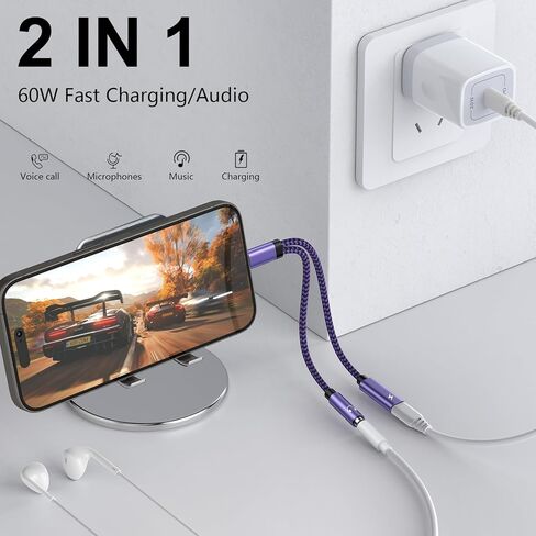 محول مقبس صوت 2 في 1 من Google Type C إلى Aux لجهاز Pixel 9 pro/8a/8/7، ومحول صوت USB C إلى 3.5 مم ومحول شاحن لأجهزة Samsung Galaxy S24، A55، A15، مقبس مقسم سماعة الرأس من النوع C Dongle لـ آيفون15 in Kuwait