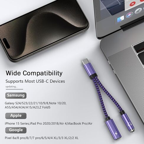 محول مقبس صوت 2 في 1 من Google Type C إلى Aux لجهاز Pixel 9 pro/8a/8/7، ومحول صوت USB C إلى 3.5 مم ومحول شاحن لأجهزة Samsung Galaxy S24، A55، A15، مقبس مقسم سماعة الرأس من النوع C Dongle لـ آيفون15 in Kuwait
