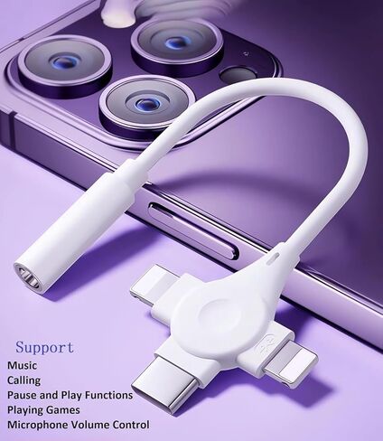 iPhone Headphone Adapter,[MFi Certified] 3 in 1 Lightning to 3.5mm Headphone Jack Aux Audio Adapter USB Type C Dongle for iPhone 15/15 Pro Max,for iPhone 14 13 12 11 XS XR 8 7 6,iPad,Galaxy in Kuwait