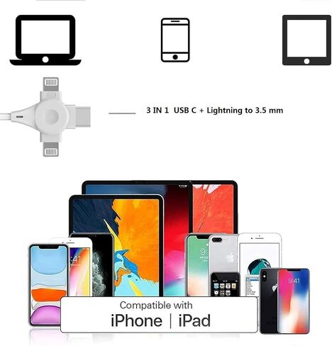 iPhone Headphone Adapter,[MFi Certified] 3 in 1 Lightning to 3.5mm Headphone Jack Aux Audio Adapter USB Type C Dongle for iPhone 15/15 Pro Max,for iPhone 14 13 12 11 XS XR 8 7 6,iPad,Galaxy in Kuwait