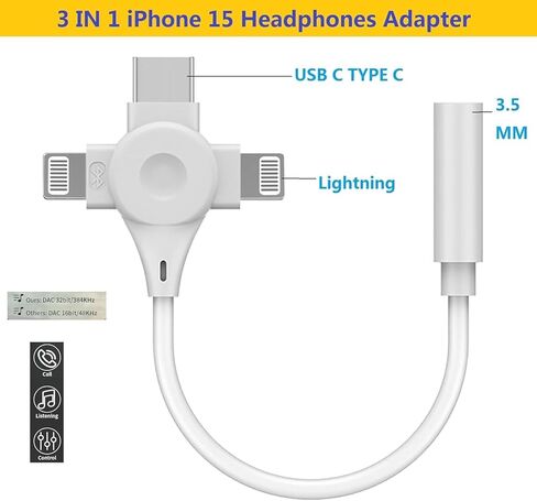 iPhone Headphone Adapter,[MFi Certified] 3 in 1 Lightning to 3.5mm Headphone Jack Aux Audio Adapter USB Type C Dongle for iPhone 15/15 Pro Max,for iPhone 14 13 12 11 XS XR 8 7 6,iPad,Galaxy in Kuwait