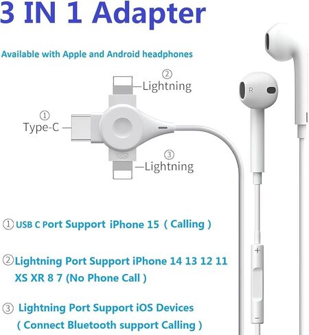 iPhone Headphone Adapter,[MFi Certified] 3 in 1 Lightning to 3.5mm Headphone Jack Aux Audio Adapter USB Type C Dongle for iPhone 15/15 Pro Max,for iPhone 14 13 12 11 XS XR 8 7 6,iPad,Galaxy in Kuwait