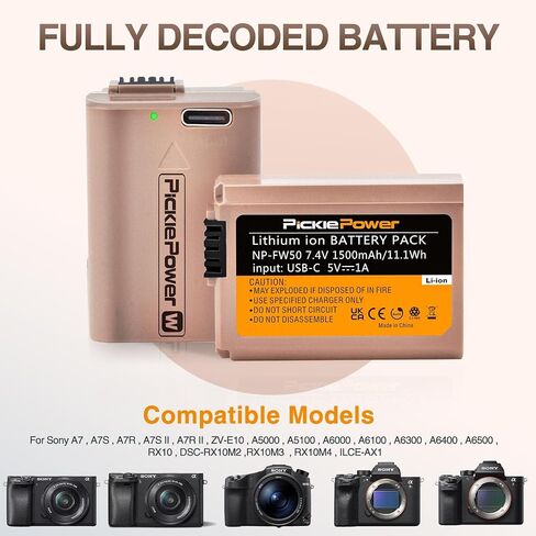 Pickle Power 2 Pack NP-FW50 Battery with Type-C Fast Charging for Sony A7S II, A7R II, ZV-E10, A7, A7S, A7R, A6500, A6400, A6300, A6000, A5100, A5000, RX10, NEX-3, NEX-5 in Saudi Arabia