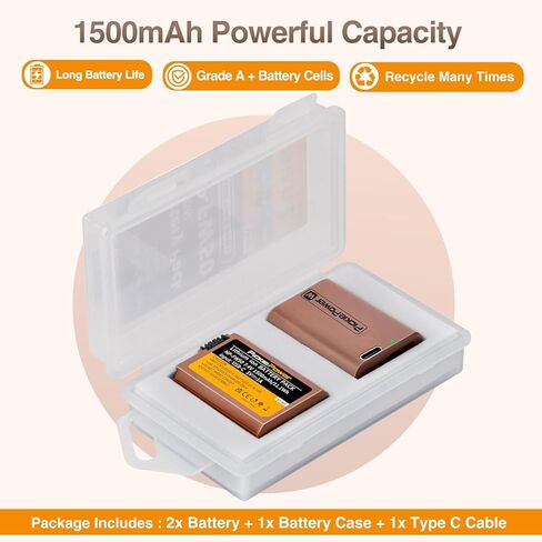 Pickle Power 2 Pack NP-FW50 Battery with Type-C Fast Charging for Sony A7S II, A7R II, ZV-E10, A7, A7S, A7R, A6500, A6400, A6300, A6000, A5100, A5000, RX10, NEX-3, NEX-5 in Saudi Arabia