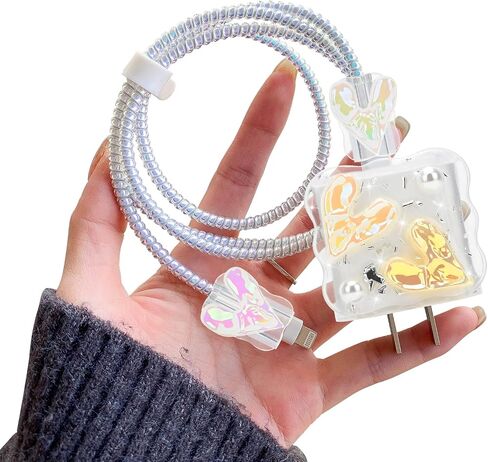 Cute Wave Cable Protector Compatible for iPhone Charger Adapter with Bling Pink Butterfly Laser Design,Data Line USB Cover Wire Cord Saver Lightning Cable Case for iPhone Charger in Saudi Arabia