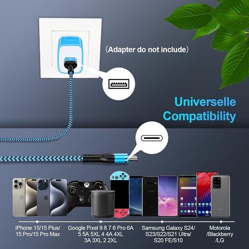 كابل شاحن USB A إلى USB C سلك شحن سريع 6FT لهاتف iPhone 16 Pro/16 Pro Max/15/15 Pro Max/Plus، 3 عبوات 3.1A Android USB C شاحن هاتف سلك مضفر لهاتف Samsung Galaxy S24 Ultra/S23/S22/A35/ A55/A15 in Saudi Arabia