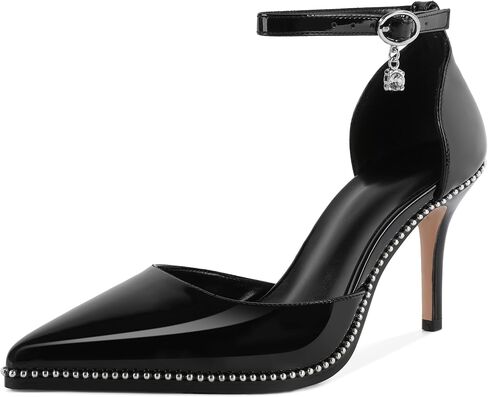 Soireelady Womens High Heels Beaded Pumps Stiletto Ankle Strap Pointed Toe D'Orsay Heel Dress Shoes Patent Leather 3.5 Inch in Saudi Arabia