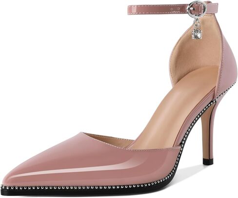 Soireelady Womens High Heels Beaded Pumps Stiletto Ankle Strap Pointed Toe D'Orsay Heel Dress Shoes Patent Leather 3.5 Inch in Saudi Arabia