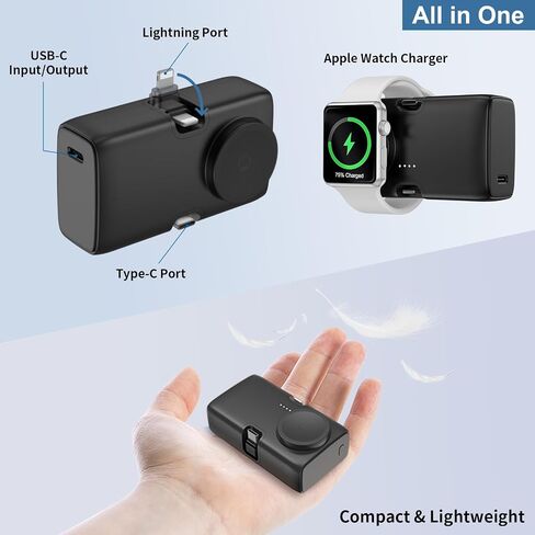 Mini Portable Phone Charger for iPhone Fast charging 5000mAh Small Battery Pack Plug in Power Bank With IOS and Type-C Connector Compatible with Apple Watch, iPhone 15/14/13/12/11/SE & Android Device in Saudi Arabia