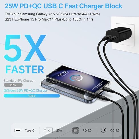 25 واط شحن سريع للغاية كتلة USB C محول الطاقة نوع C قابس حائط لساعة Samsung Galaxy Watch 7 6/Watch Ultra FE/A35/Z Flip6/A15/A54/S24/S23، Motorola Edge 5G UW،G Stylus 5G 2024،G Power، آيفون 15، بكسل 8 in Saudi Arabia