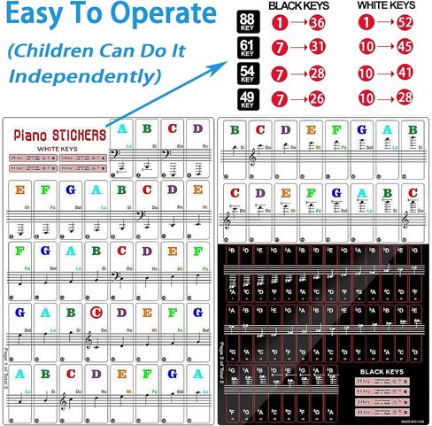 Piano Keyboard stickers With Piano Chord Chart,For 88/61/54/49 Key,Note letters Labels for Beginners and Young Kids, Piano Notes Guide Piano Key Stickers Learn Play Electronic Piano (White and Black) in Saudi Arabia