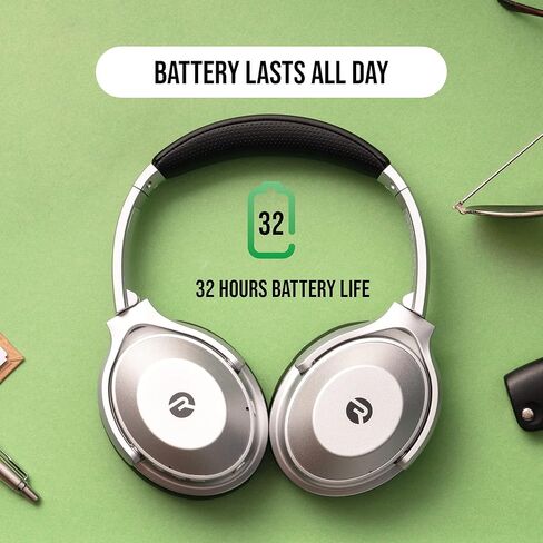 Raycon The Work Bluetooth Wireless Headphones with Detachable Mic, Active Noise Cancellation, 32 Hours of Battery, Memory Foam Cushions, with Talk, Text, and Play, Bluetooth 5.0 (Silver) in Kuwait