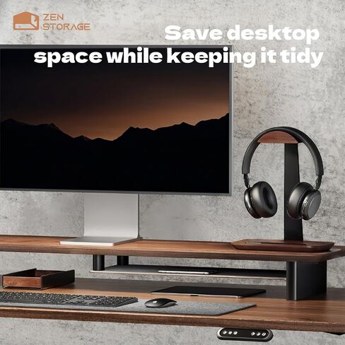 Wood Headphone Stand, Headset Stand for Desk with Phone Holder, Universal Headphone Holder with Storage Base, Headset Holder for Wireless, Bluetooth, Gaming, Audiophile, Kids Headphone, Solid Base in Saudi Arabia