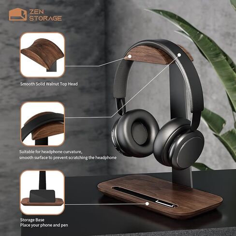 Wood Headphone Stand, Headset Stand for Desk with Phone Holder, Universal Headphone Holder with Storage Base, Headset Holder for Wireless, Bluetooth, Gaming, Audiophile, Kids Headphone, Solid Base in Saudi Arabia