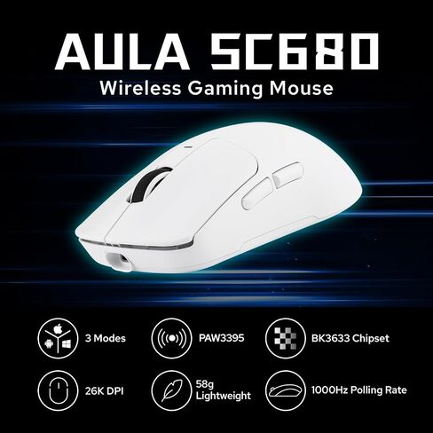 Aula SC680 Wireless Mouse, Ergonomic Gaming Mouse, with Adjustable 26000 DPI, PAW3395 Sensor, BK3633 Chipset, BT 5.0/2.4GHz/Wired Connections, 500mAh Battery for Win/Mac/PC/Laptop (White) in Saudi Arabia