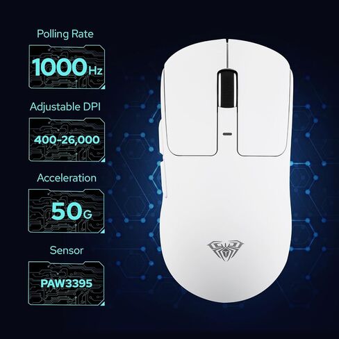 Aula SC680 Wireless Mouse, Ergonomic Gaming Mouse, with Adjustable 26000 DPI, PAW3395 Sensor, BK3633 Chipset, BT 5.0/2.4GHz/Wired Connections, 500mAh Battery for Win/Mac/PC/Laptop (White) in Saudi Arabia